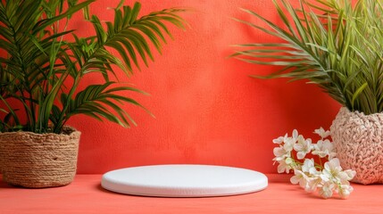 White Round Podium with Tropical Plants, Coral Background, Product Display, Mockup Product Photography, Podium