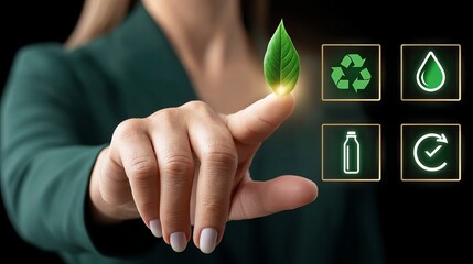 Female professional showcasing sustainability concepts with eco-friendly symbols.