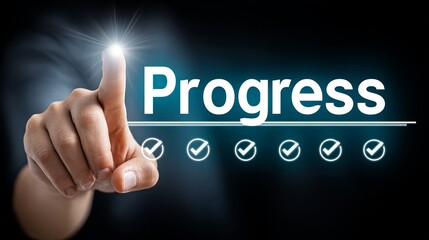 A hand reaching towards the word progress with check marks in the background.