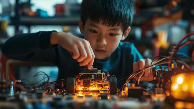 In a lively makers lab, a young Asian boy intensely concentrates on assembling electronic components. His curiosity drives him as he navigates through wires and circuit boards, fostering creativity.