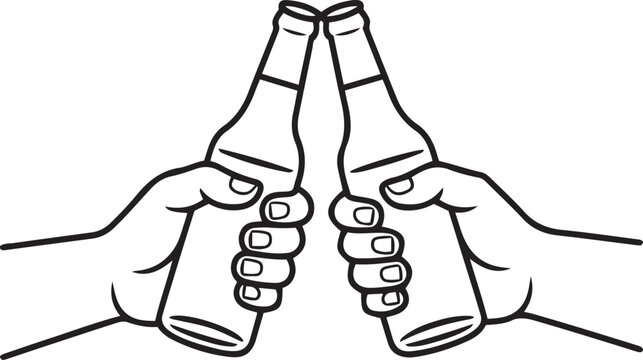 Celebratory black and white outline line art hands clinking beer bottles cheers vector
