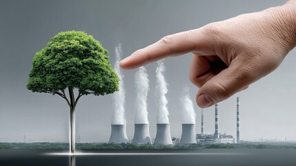 A man's hand reaches towards a vibrant tree, contrasted by distant industrial smokestacks.
