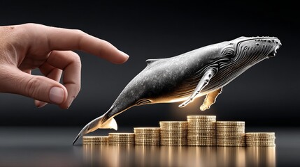 A hand reaching for a 3D whale leaping over stacks of coins, symbolizing wealth.