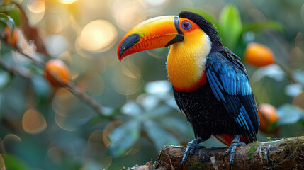 Toucans perched on a tree branch in a lush tropical rainforest, surrounded by vibrant wildlife in their natural jungle habitat...