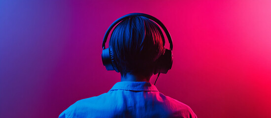 Soundscape Silhouette: A person, immersed in a world of sound, is seen from the back, enveloped in vibrant neon light, wearing sleek headphones. The scene suggests a deep connection to music.
