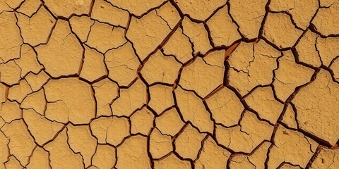 Cracked earth texture, showing deep fissures and broken surface against old wall backdrop, weathered, surface