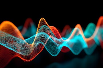 An abstract visual representation of digital data or sound waves, with glowing particles in vibrant orange and teal, symbolizing information flow and modern technology.