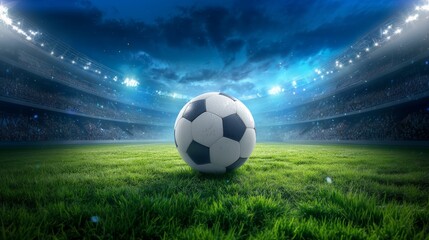 Fototapeta premium illustration of a football on the grass in an empty stadium