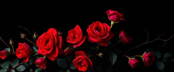 Deep red roses, thorny vines, dark background; elegant, significant design,  photography,  texture