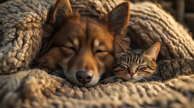 A dog and a cat peacefully sleeping together on a cozy blanket