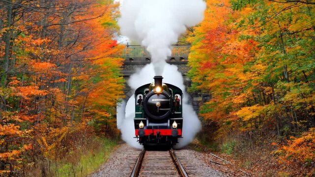 A classic steam locomotive emerges from a stone tunnel in a vibrant autumn forest