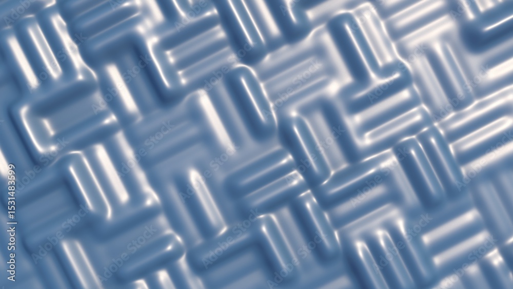 Poster abstract 3d pattern of interlocking metallic blocks in blue tones.