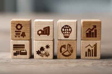 Wooden blocks with various business icons arranged in a row.