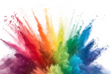 A vibrant explosion of rainbow colored powder against a dark and transparent background effect
