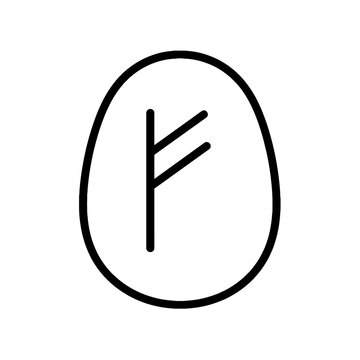 Fehu rune on oval stone icon in black outline style
