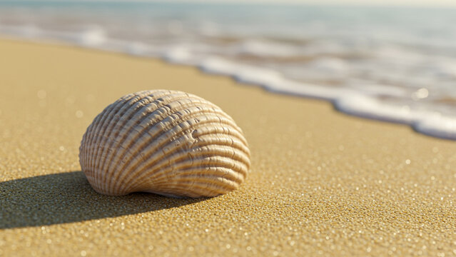 A detailed close-up of a seashell resting on a sandy beach.