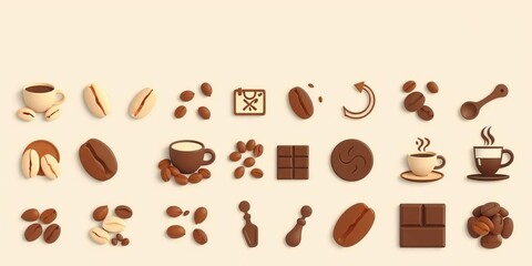 Collection of coffee-themed icons in various shades of brown, from light beige to dark chocolate, depicting coffee beans, cups, and cafe elements, icons, pour over