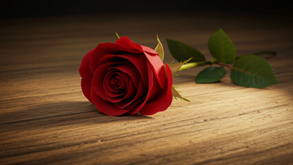Romantic red rose blossom on rustic wooden background, perfect for love and Valentine's Day