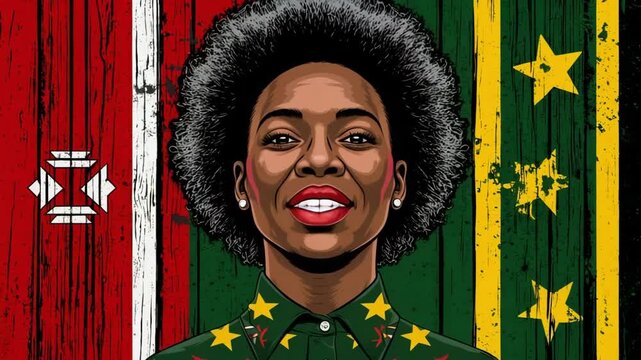 A portrait of a young African woman with curly hair, wearing a green shirt with stars. The background features colorful flags with red, green, and yellow stripes.