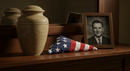 Memorial urn for cremation ashes, folded USA flag and black-and-white portrait of deceased soldier or military man, remembrance concept, patriotic tribute