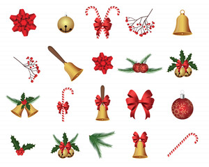 Festive holiday decorations: Christmas ornaments, candy canes, bells, bows and holly berries isolated on a white background. 
