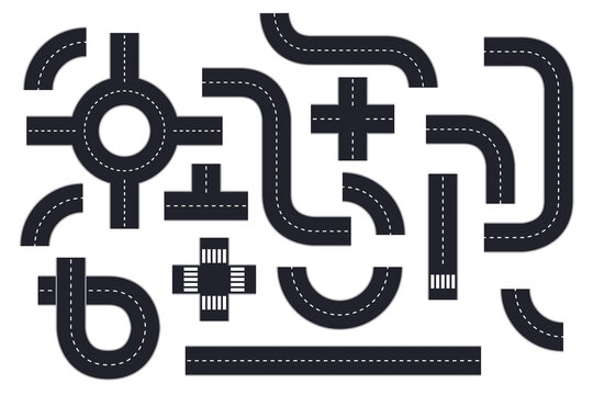 Collection of black road segment icons. Includes straight road, curved road, crossroads, roundabout, turn, crosswalk, t-intersection.
