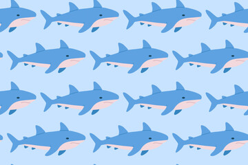 Seamless pattern with sharks swimming on blue. Great for marine wildlife designs and underwater-themed projects