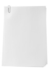 Stack of blank sheets of paper secured with a paperclip. Ideal for business or educational concepts. Isolated