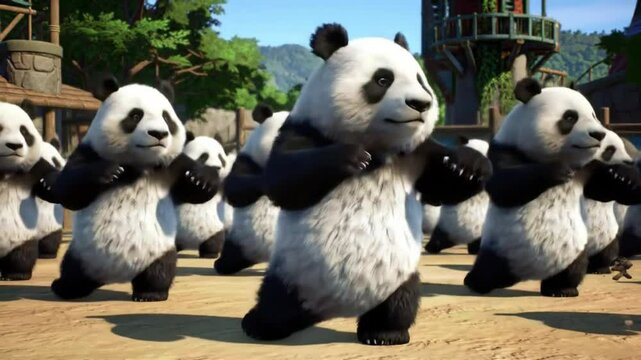 Cute baby pandas bear dancing and enjoying 