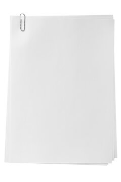 Stack of blank sheets of paper secured with a paperclip. Ideal for business or educational concepts. Isolated