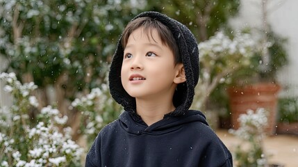 Young Korean boy wearing a navy blue winter coat and hat looks up in wonder as snow falls around him in a tranquil landscape
