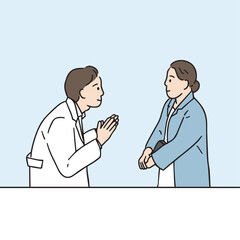 A male doctor kindly treating a middle-aged woman. Vector elements related to medical staff drawn by hand.