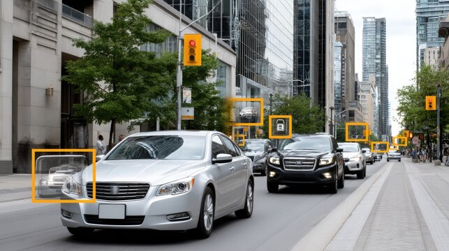 Cars and pedestrians navigate a bustling city street while AI technology scans vehicles, illustrating innovation in urban transport