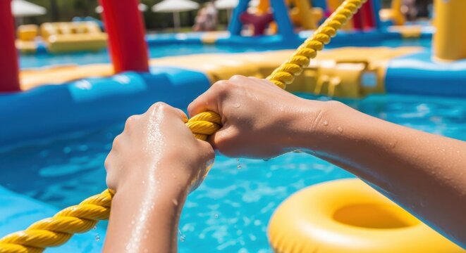 Child's hands gripping rope in colorful inflatable water park adventure