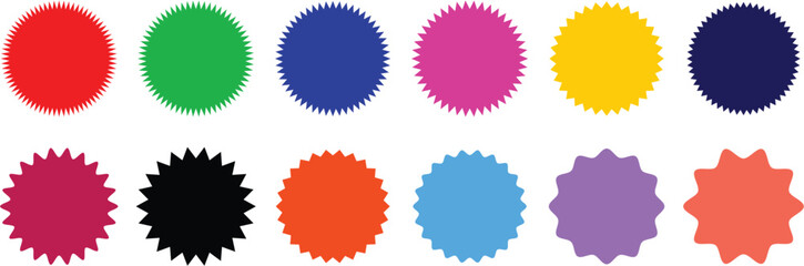 Starburst badge sticker, sunburst, sticker for sale, discount, promo offer, perfect for price tag. Scalloped and zigzag circle label, spiky oval shapes, star shapes, sunburst or starburst icon set.