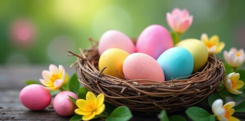 Naklejka premium Pastel colored eggs in a nest, spring flowers , flowers, springtime, joyful