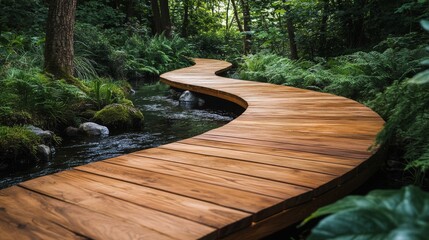 Wooden Walkway Curves Through Lush Green Forest with Natural Water Stream