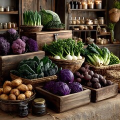 Wicker baskets filled with colorful produce high resolution picture
