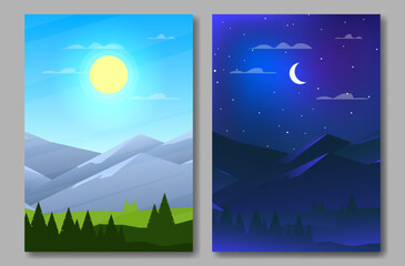 Day and night landscape poster. Mountains with sun, moon, stars and forest. 