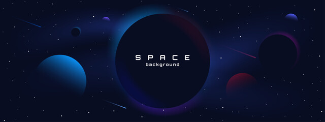 Flat style space horizontal wallpaper. Abstract concept. Vector illustration. Gradient planets with shadows. Space exploration. Design elements for web.