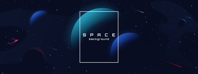 Flat style space horizontal wallpaper. Abstract concept. Vector illustration. Gradient planets with shadows. Space exploration. Design elements for web.