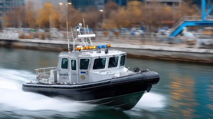 Black police boat moves swiftly through ocean waters, captured in motion with vivid colors and dynamic reflections from the sky