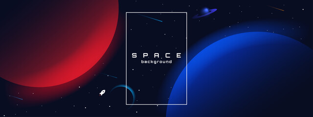 Flat style space horizontal wallpaper. Abstract concept. Vector illustration. Gradient planets with shadows. Space exploration. Design elements for web.