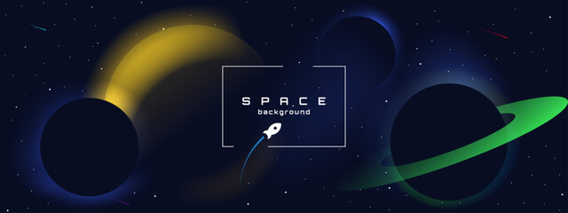 Flat style space horizontal wallpaper. Abstract concept. Vector illustration. Gradient planets with shadows. Space exploration. Design elements for web.