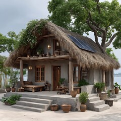 Wooden hut with large energy panels high resolution picture