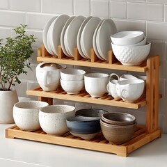 Wooden kitchenware and dishes well arranged high resolution picture