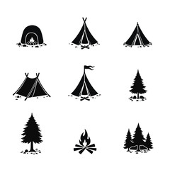 Obraz premium Camping set silhouettes teepee tent firewood trees
