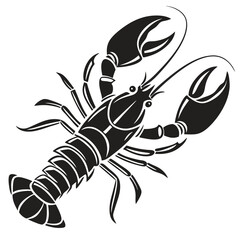 Monochrome lobster displays prominent claws and detailed body segments against a white background