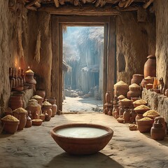 Wooden shelf stacked with village cookware high resolution picture