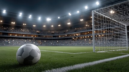 Soccer goal in a vibrant green field at a modern stadium, with lit stands and a dramatic atmosphere for football events